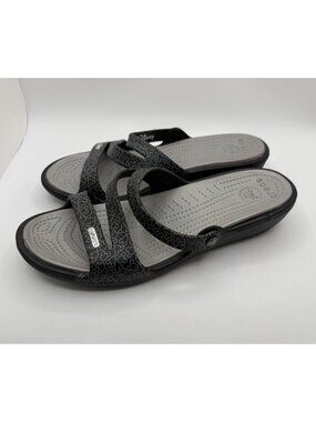 Crocs Disney Parks Mickey Minnie Sandals Women Size 11 Black and Silver Slides